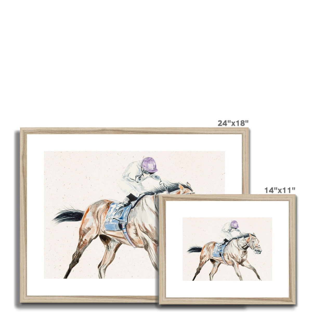 two different sizes of Racehorse in race with jockey watercolour painting framed and mounted print with wood look frame