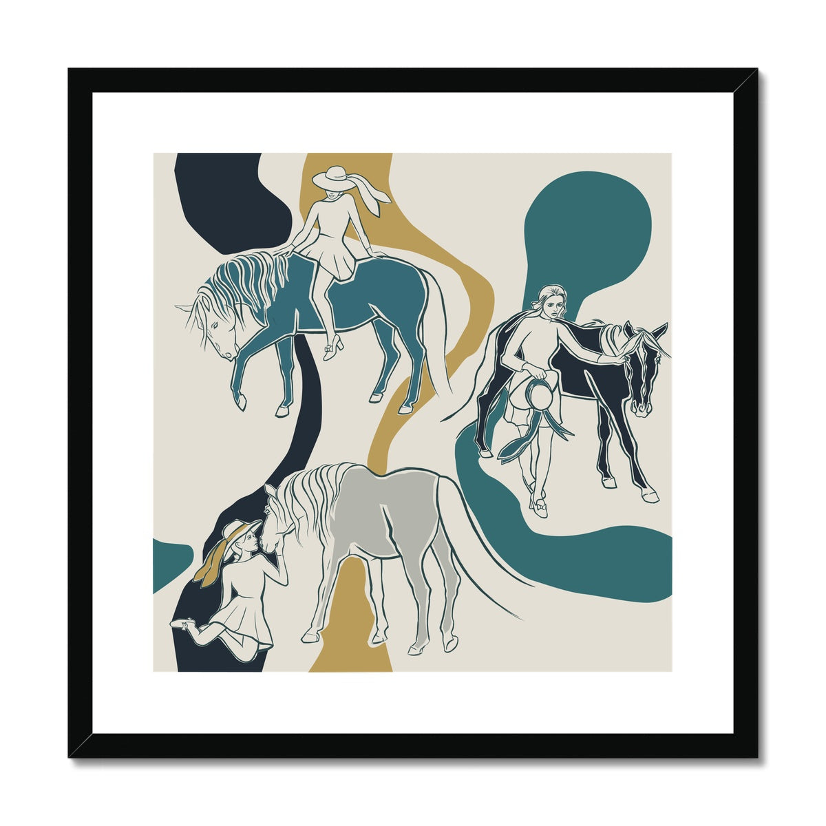 Abstract horse painting including 3 horses & women in different instances with a black frame