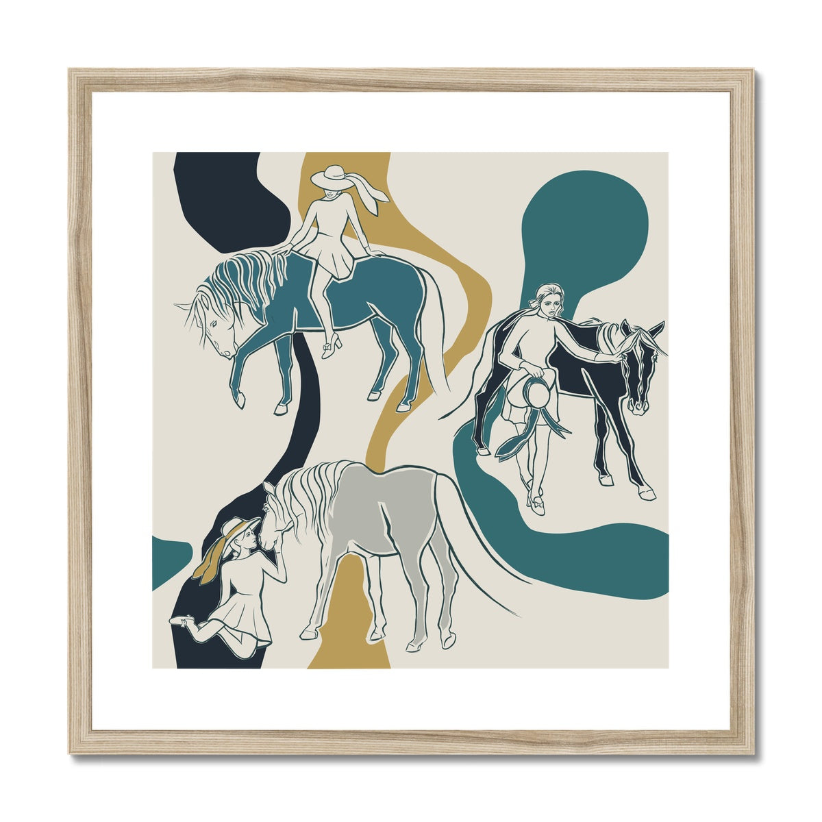 Abstract horse painting including 3 horses & women in different instances with a wood look frame