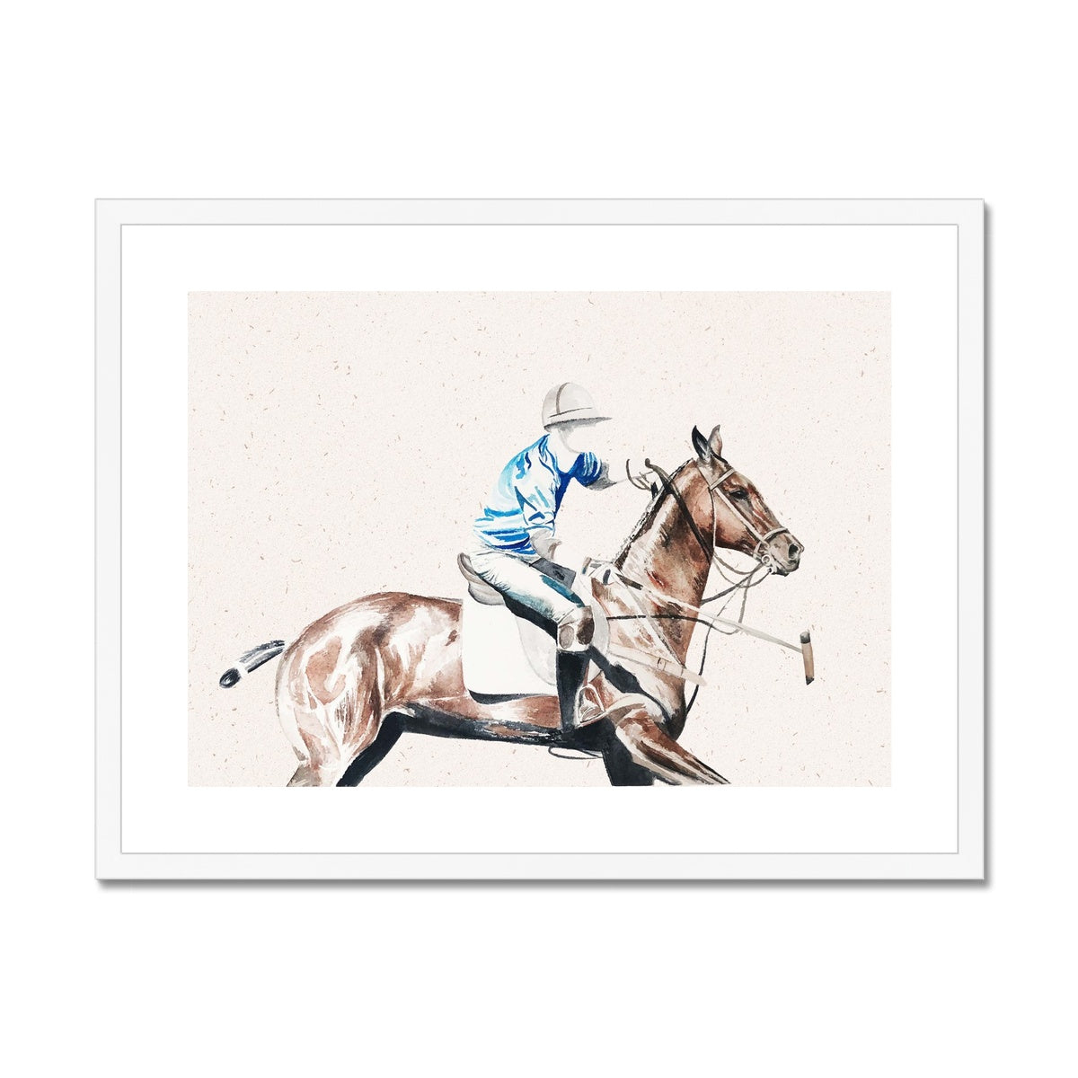 Framed and mounted watercolour print of pop player and horse playing polo, with white frame