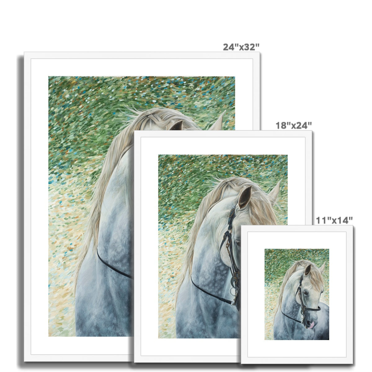 3 different sizes of White horse head wearing bridle portrait painting. Framed and mounted print with white frame