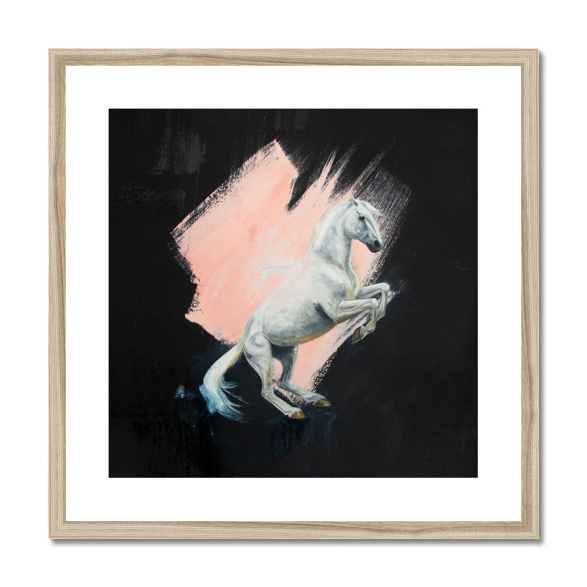 Beautiful rearing white horse with pink splash against a black background, framed and mounted print with a wood look frame