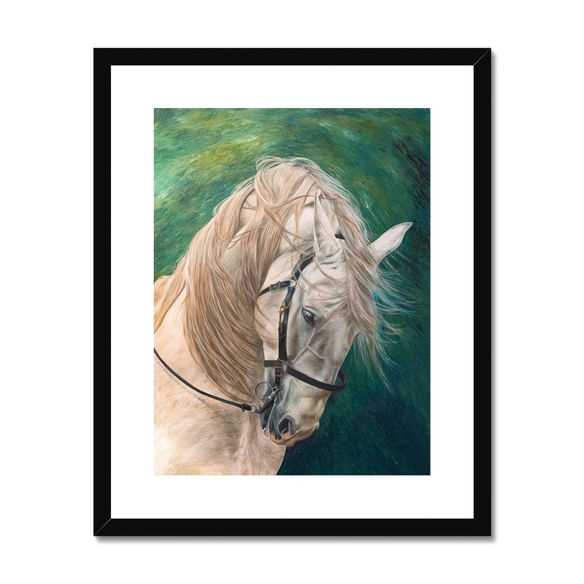 Grey horse on green background with black frame