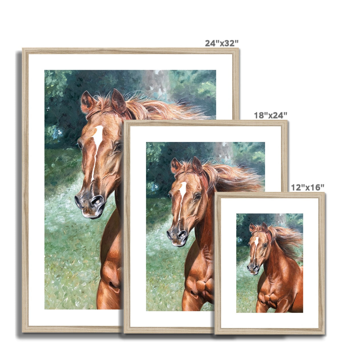 3 different sizes of Arabian horse painting framed & mounted print with white boarder and wood look frame