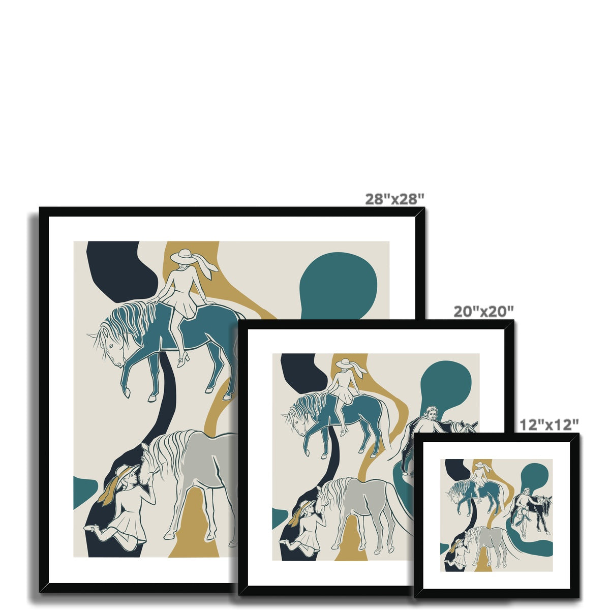 3 different sizes of Abstract horse painting including 3 horses & women in different instances with a black frame