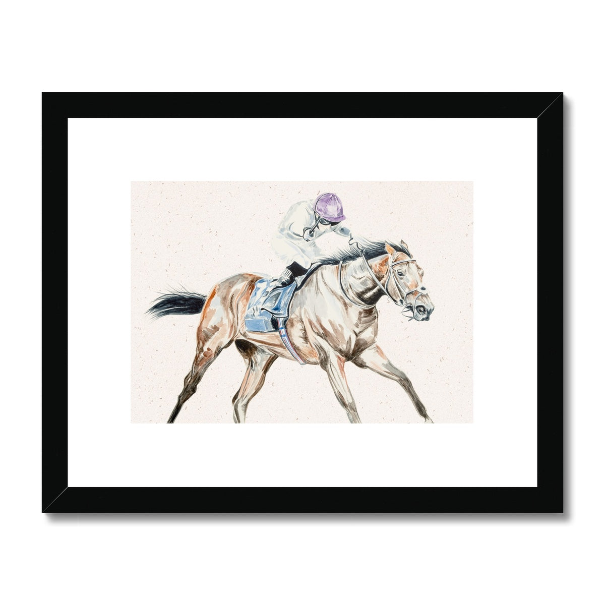 Racehorse in race with jockey watercolour painting framed and mounted print with black frame