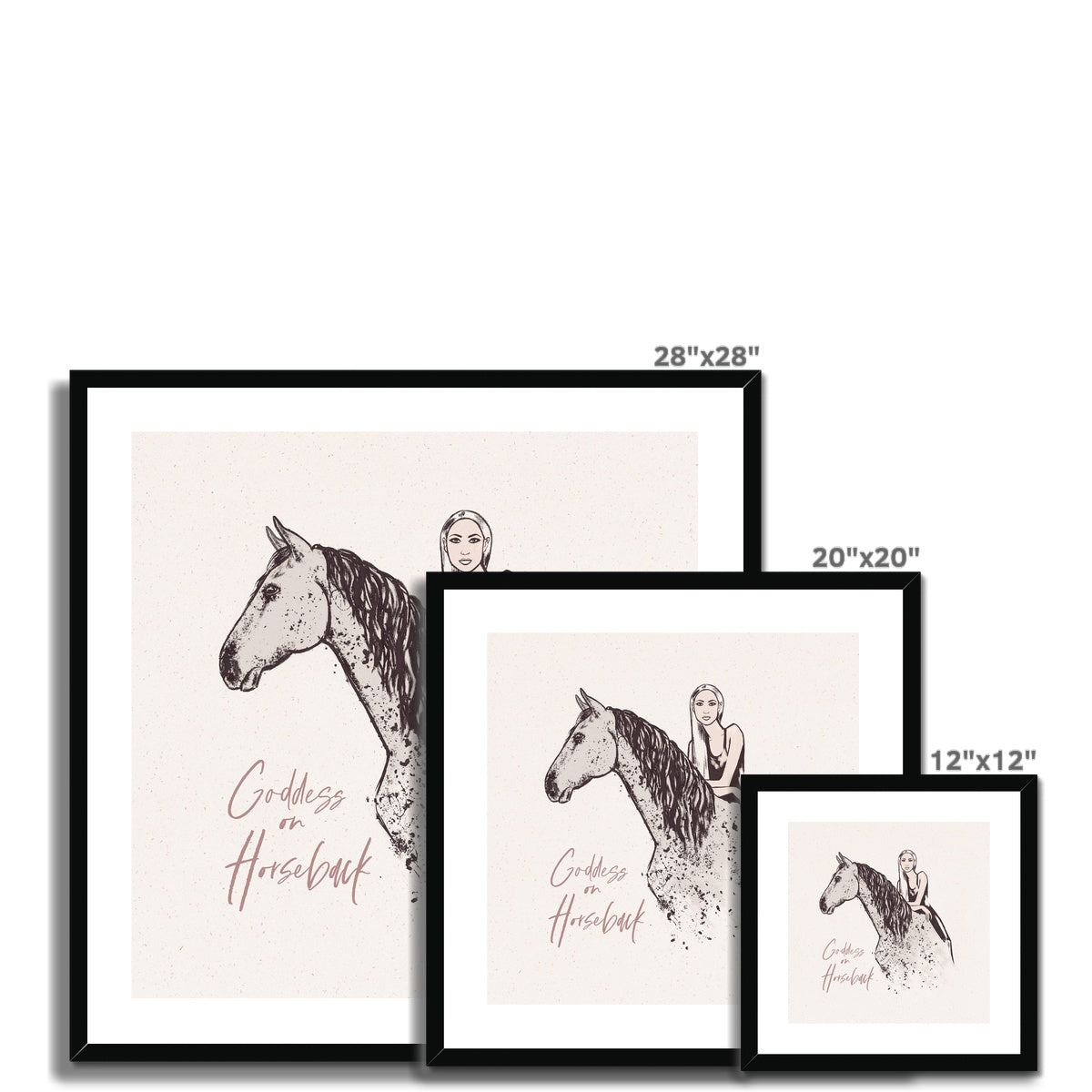 3 different sizes of goddess on horseback portrait print with black frame