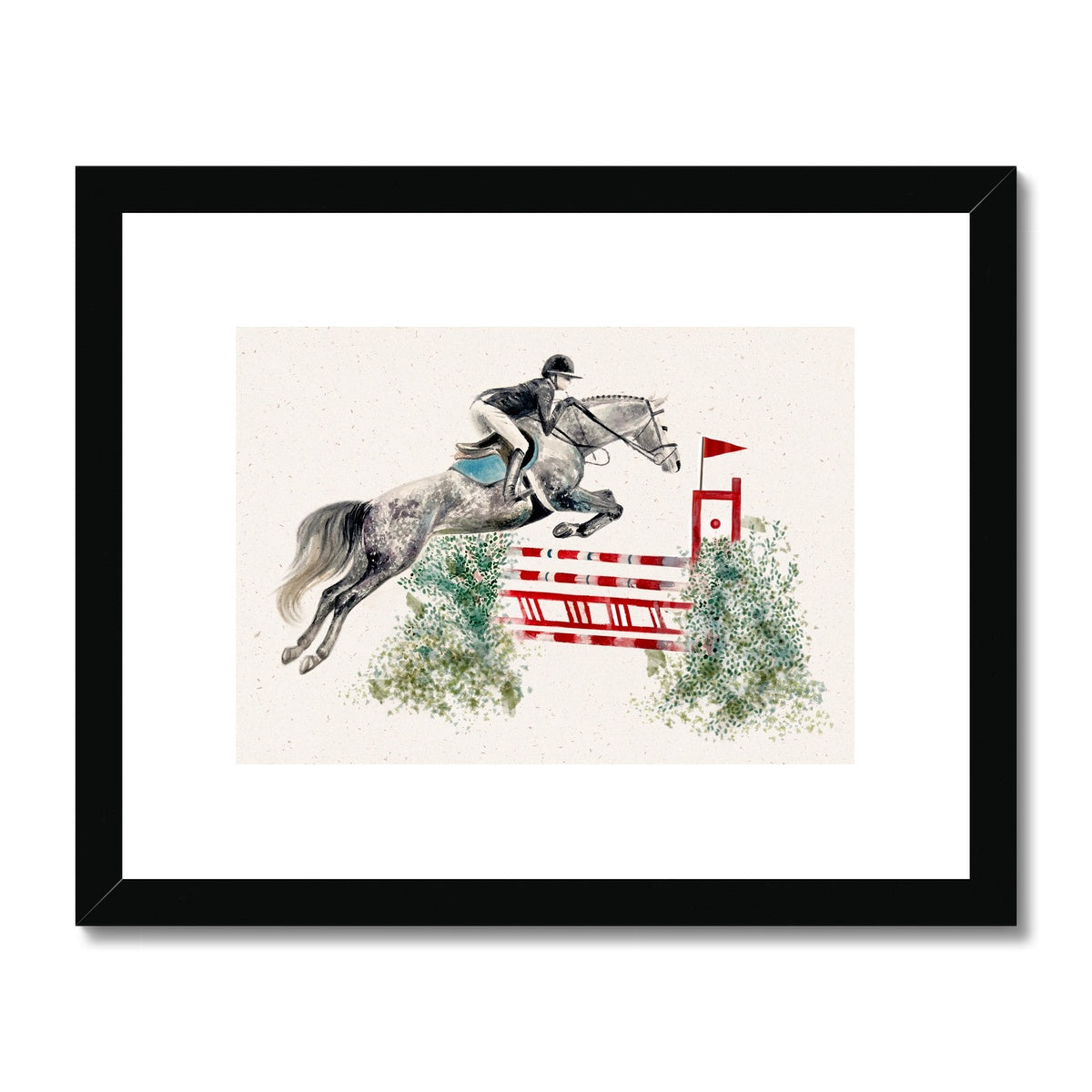 Showjumper with grey horse jumping red and white fence with bushes either side, watercolour painting framed and mounted print with black frame