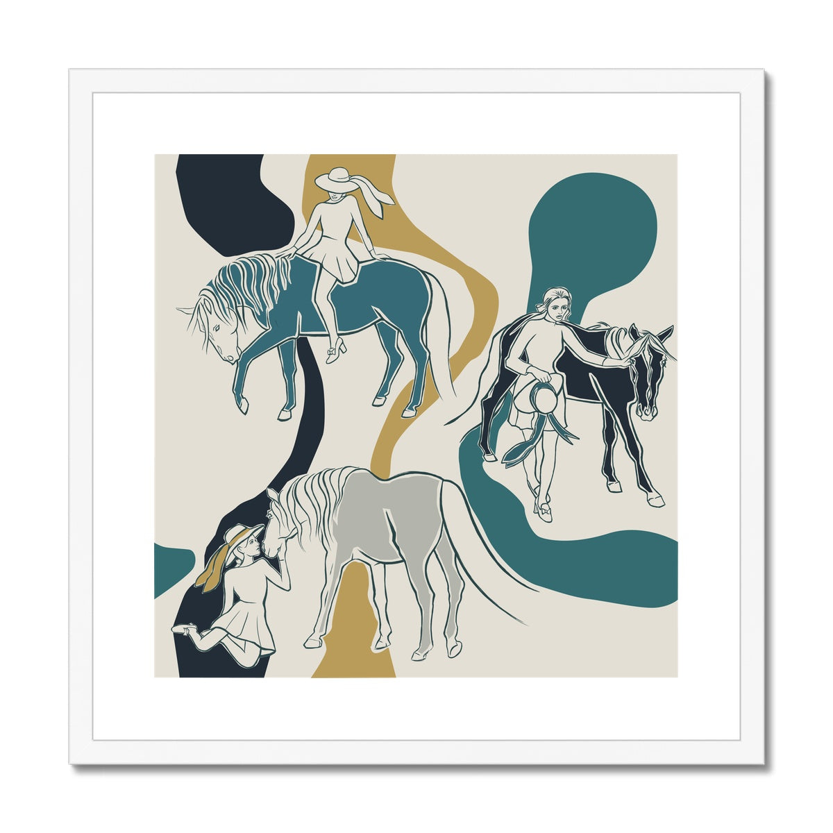 Abstract horse painting including 3 horses & women in different instances with a white frame