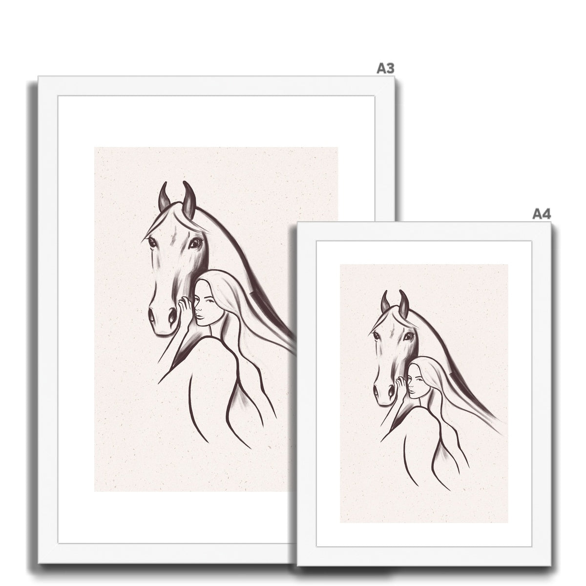 two different sizes, A4/A3 of Line drawing of woman and horse, simplistic artwork, frame and mounted with white frame