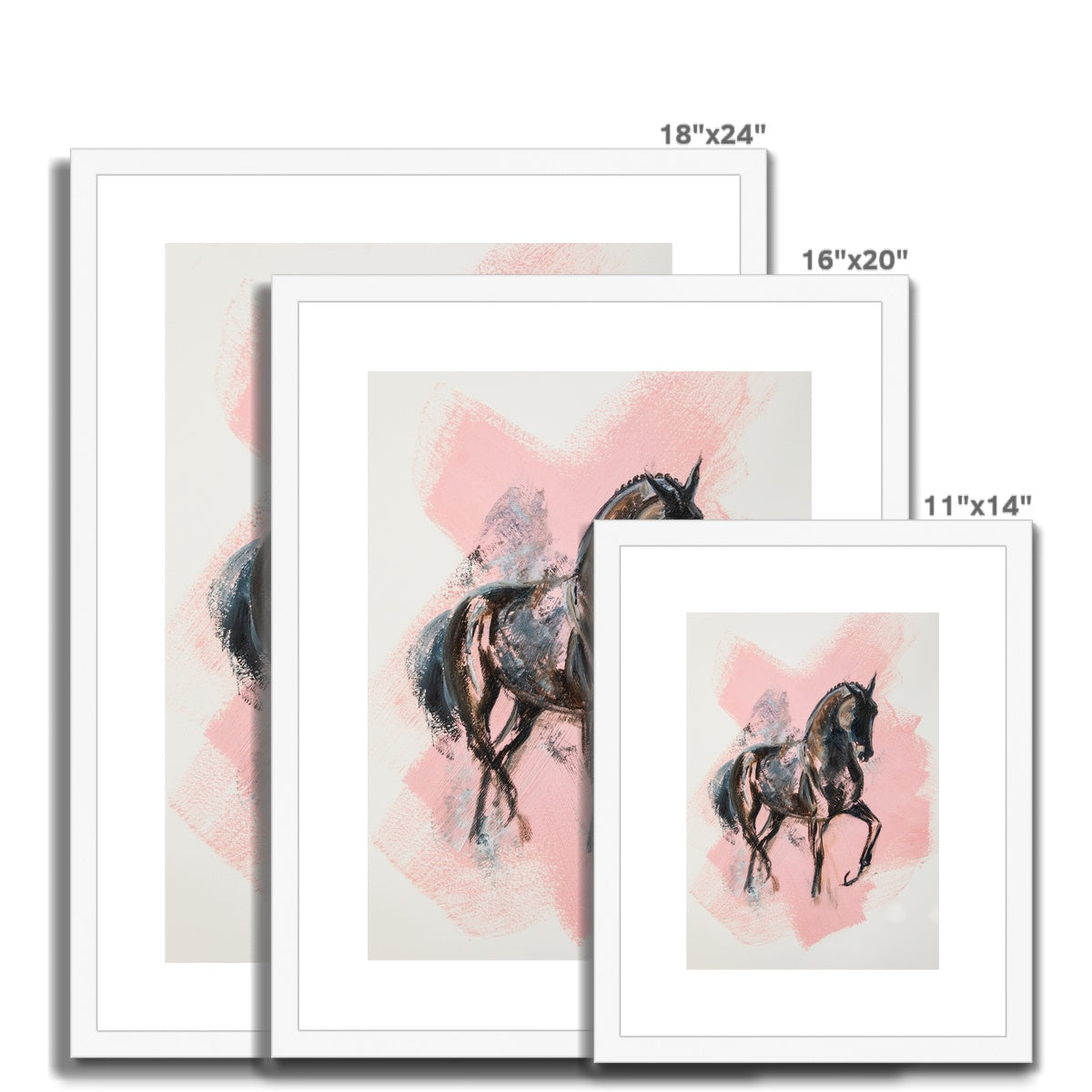 3 different sizes of Black horse painted on a pink splash framed and mounted with a white frame