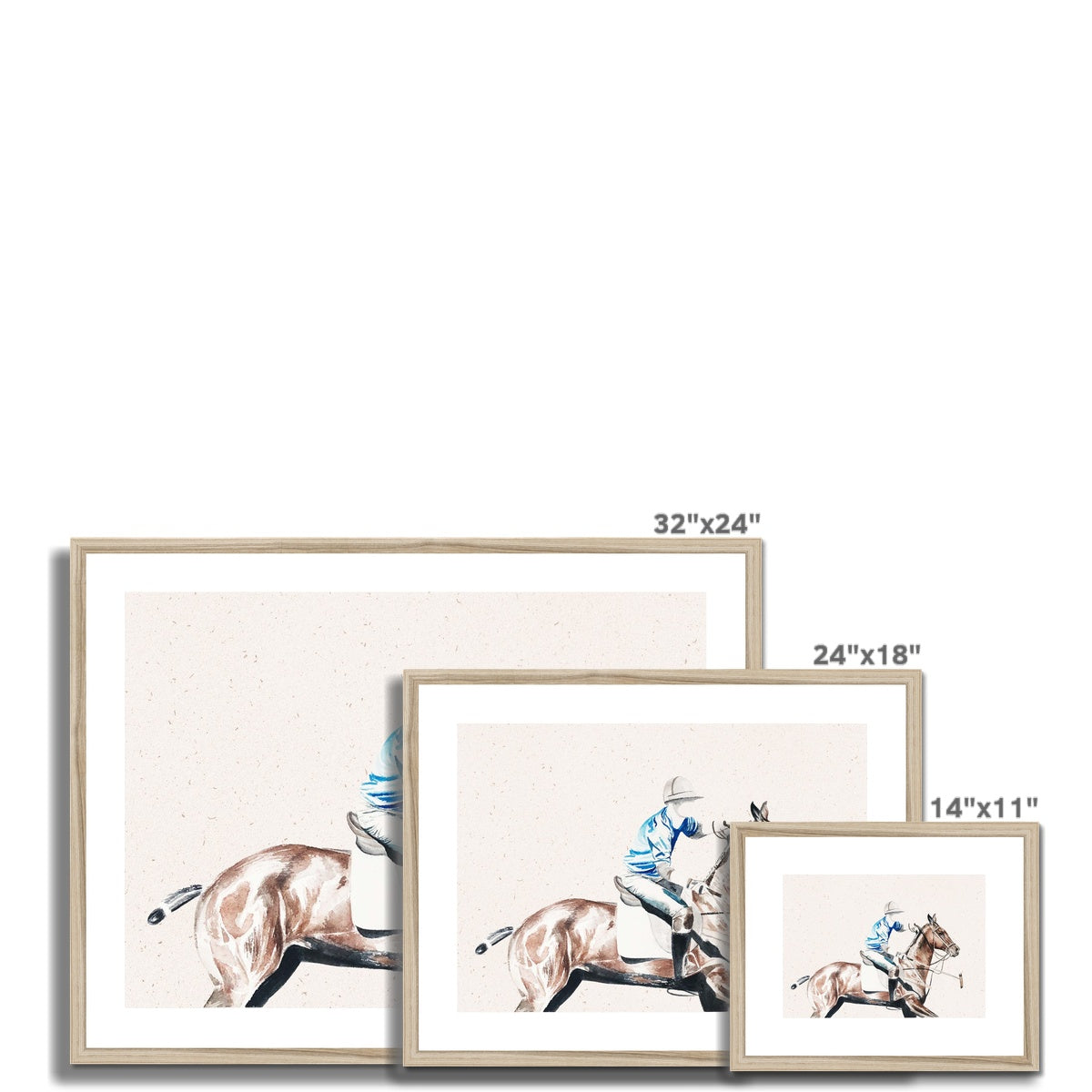 three different sizes of Framed and mounted watercolour print of pop player and horse playing polo, with wood look frame