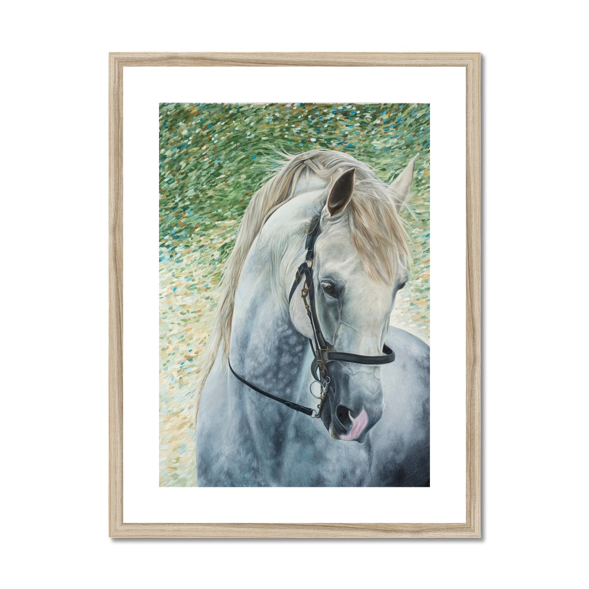 White horse head wearing bridle portrait painting. Framed and mounted print with wood look frame