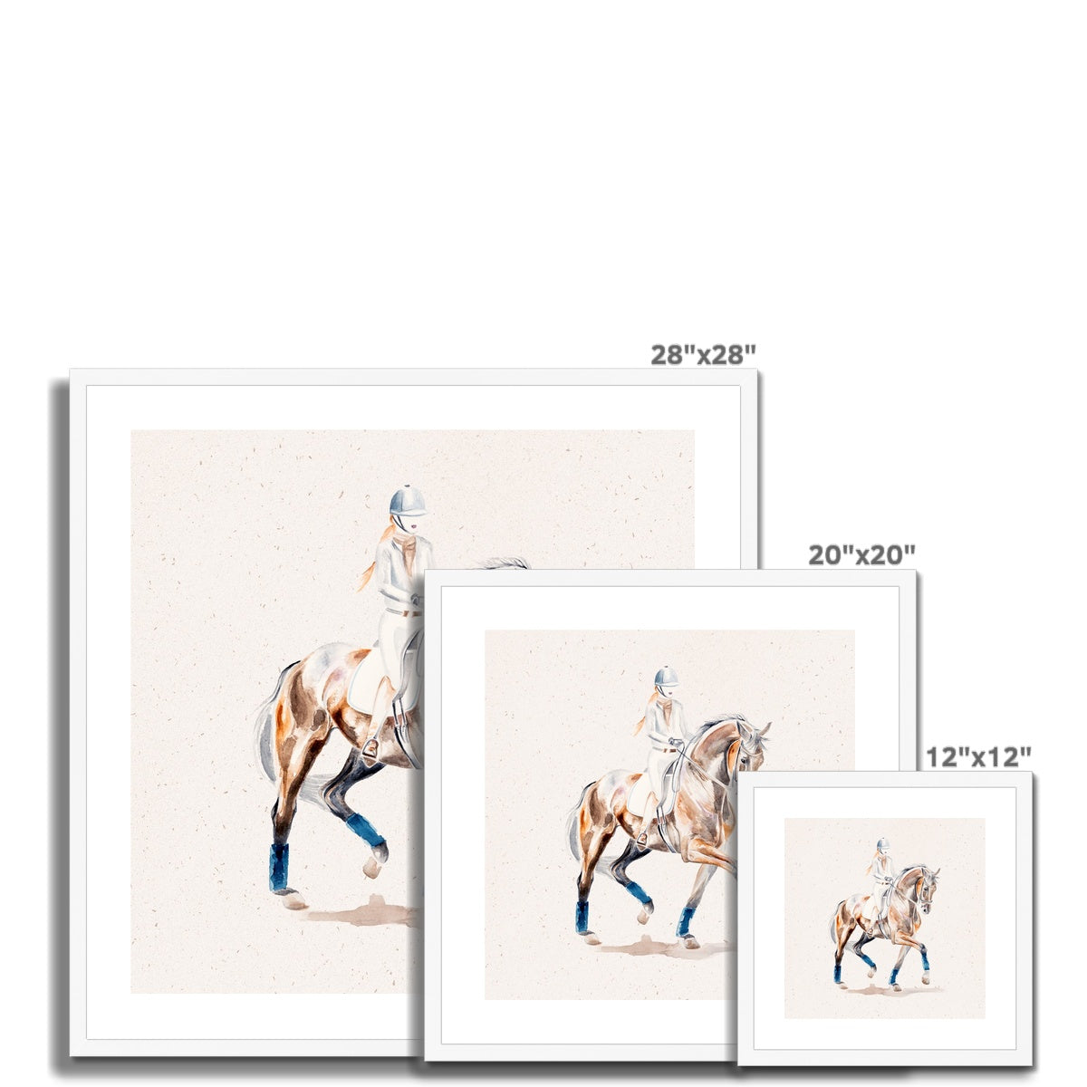 3 different sizes of Dressage horse trotting painting, framed & mounted with a white frame