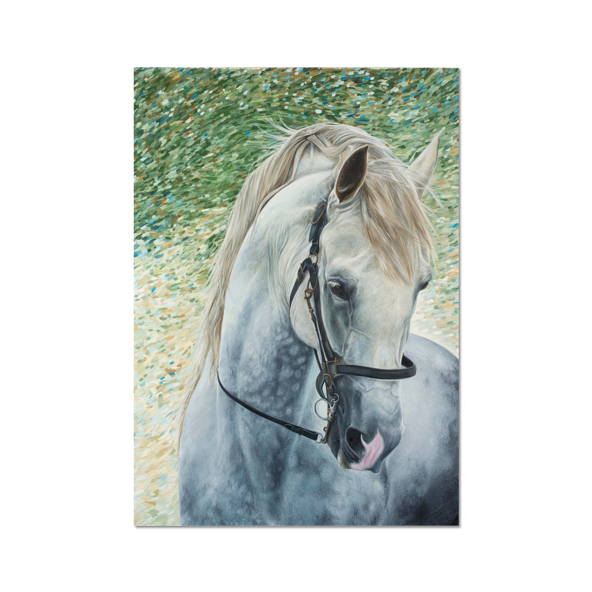 White horse head wearing bridle portrait painting print