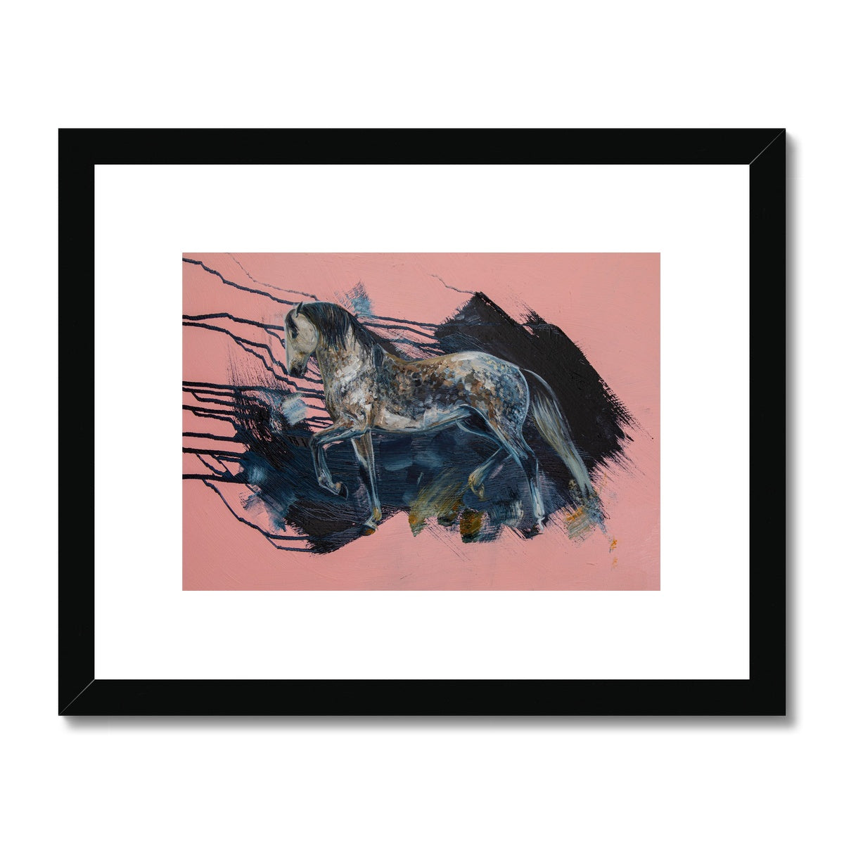 Grey horse on pink background painting framed & mounted with black frame