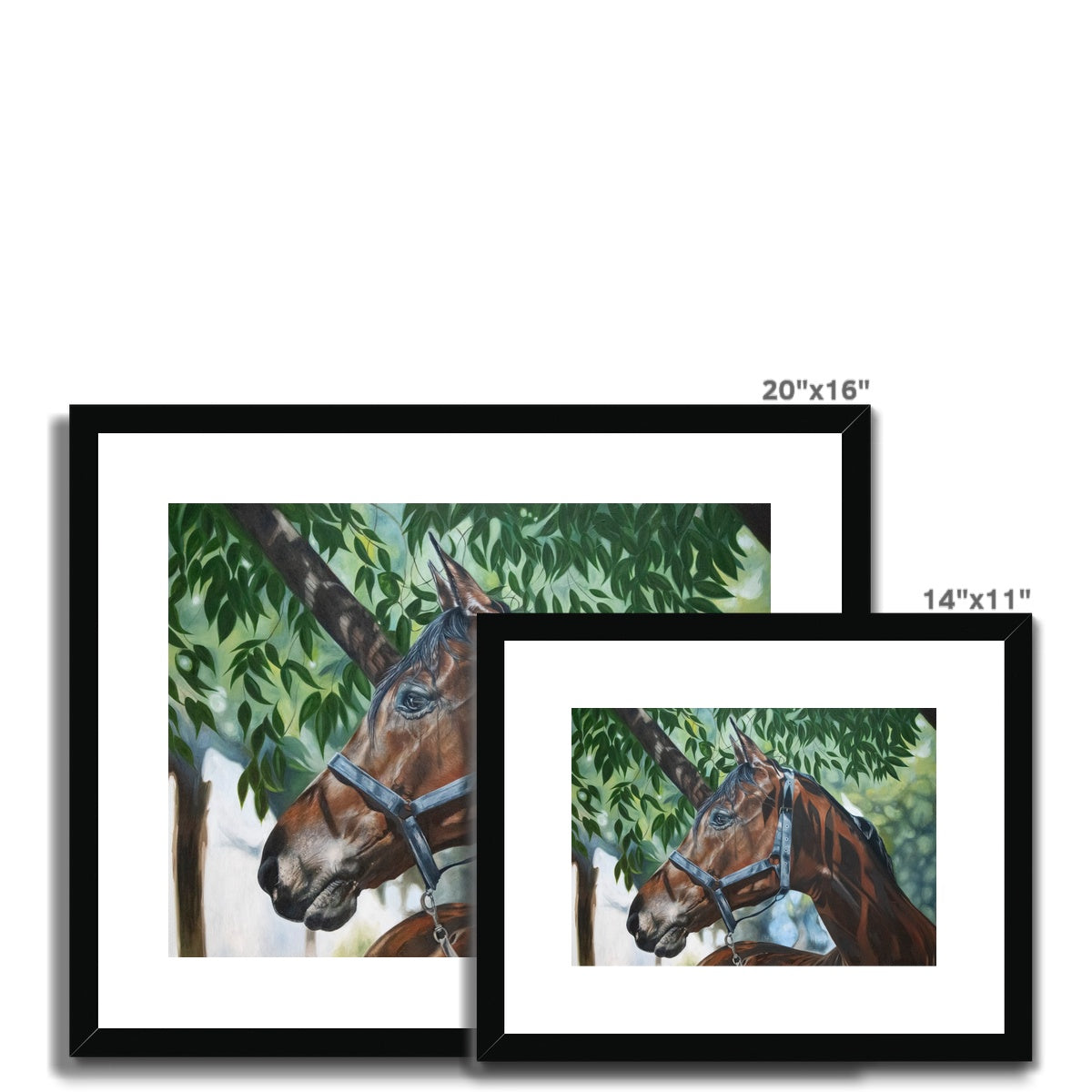 two different sizes of Bay horse painting under a tree, framed and mounted detailed print with black frame