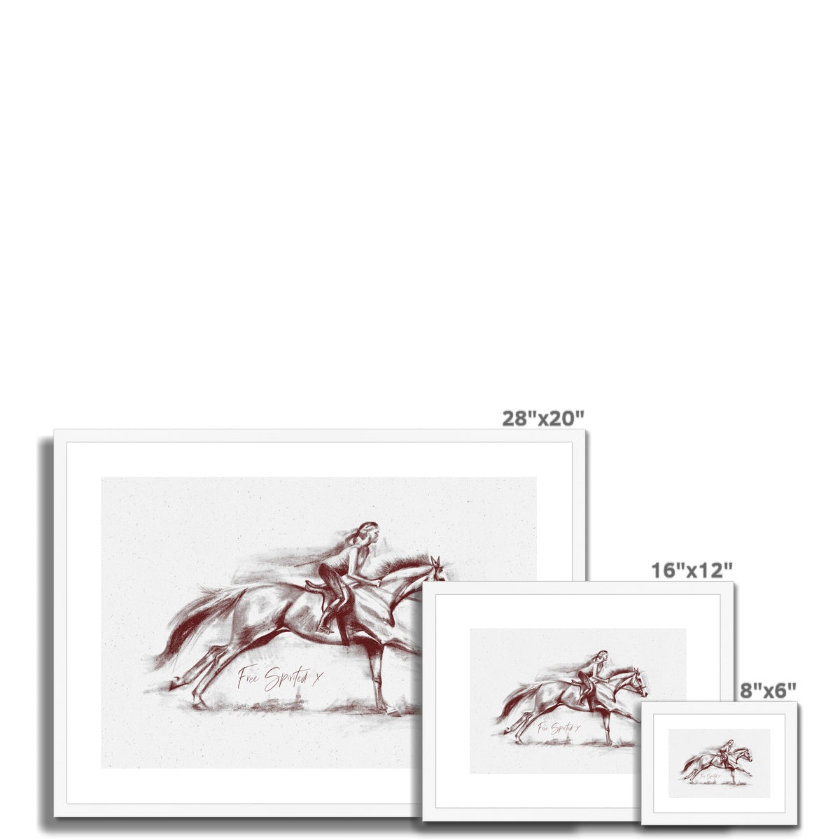 3 different sizes of Free spirit horse and rider galloping with white frame