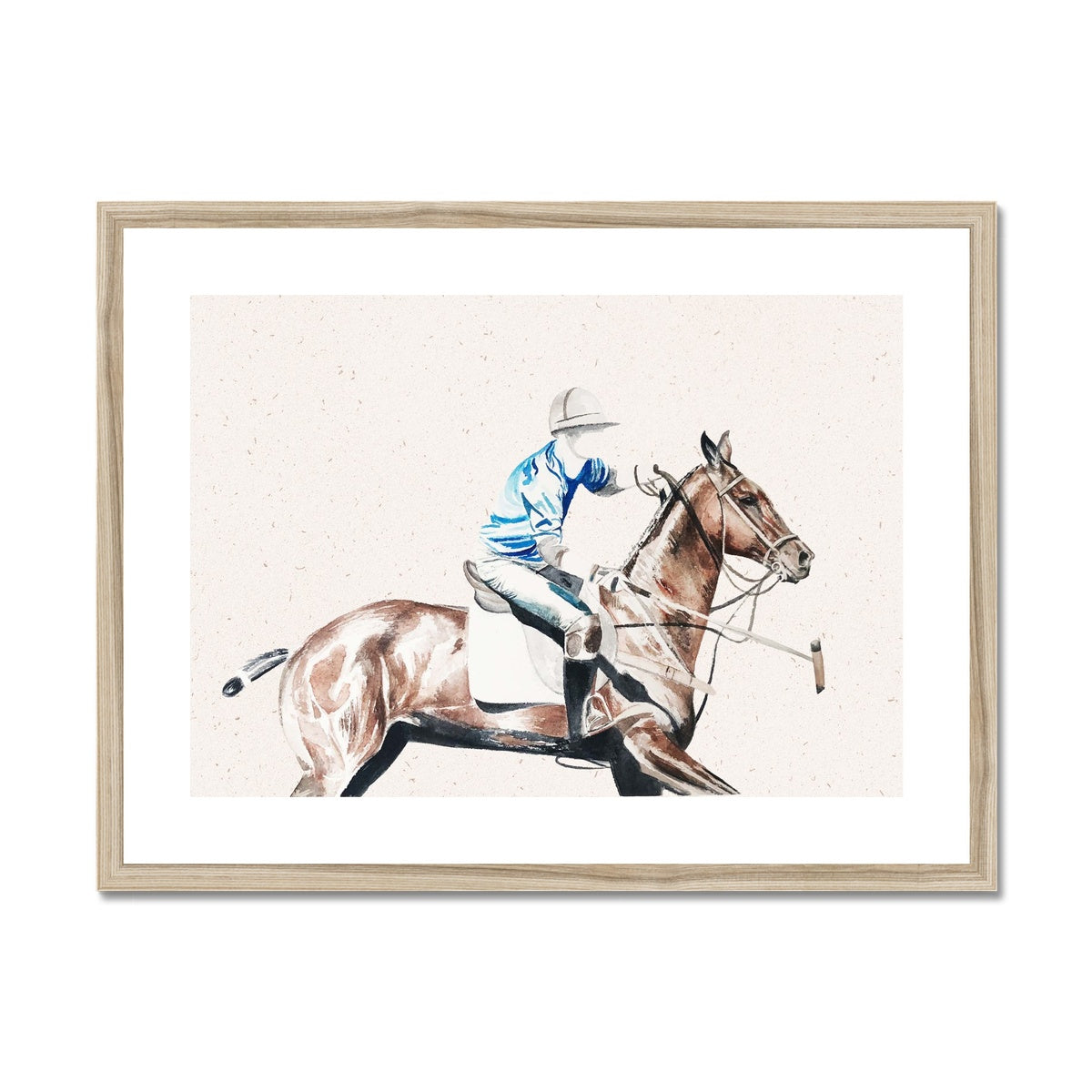 Framed and mounted watercolour print of pop player and horse playing polo, with wood look frame