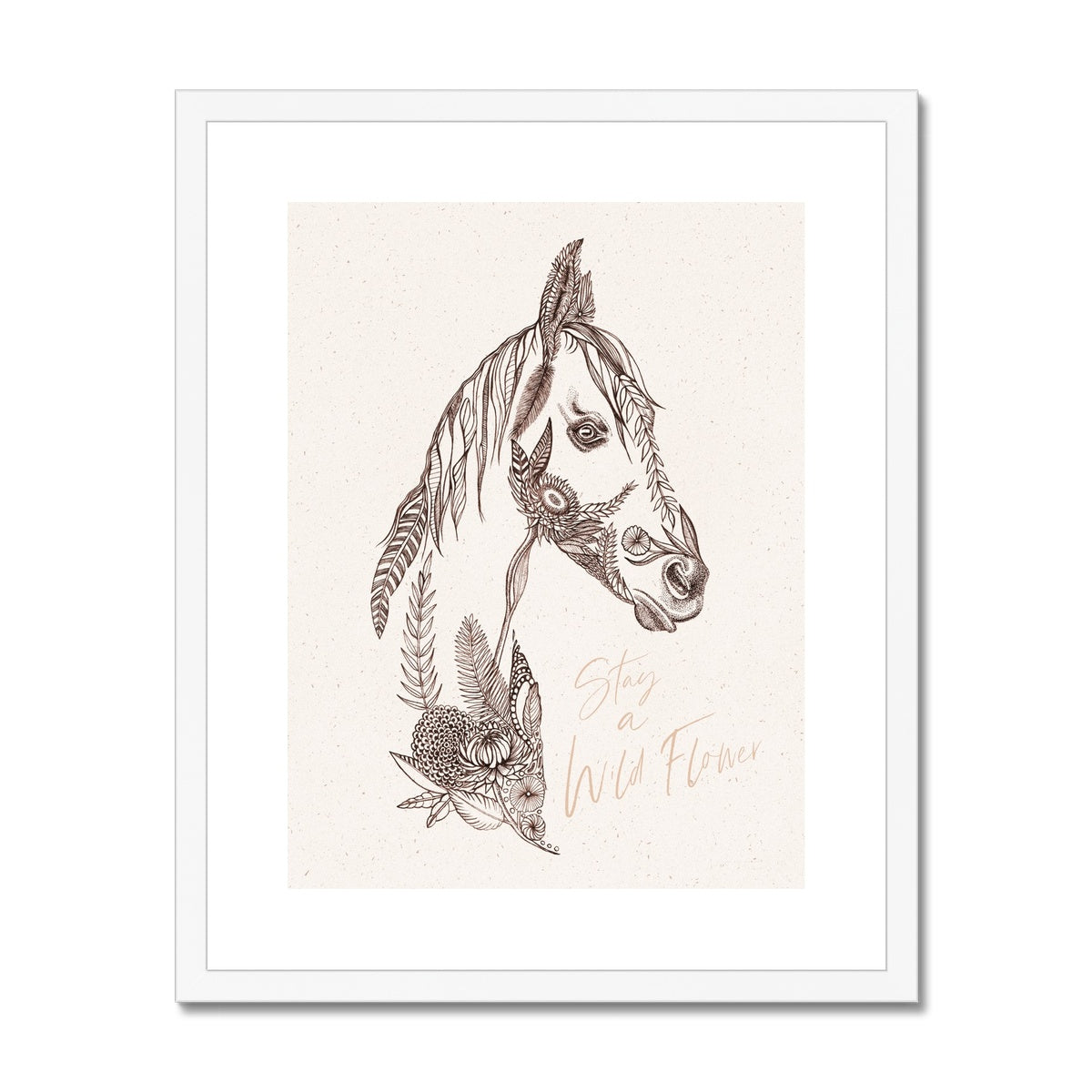 Framed and mounted print of horse head using floral sketches, 'Stay a wild flower' with white frame