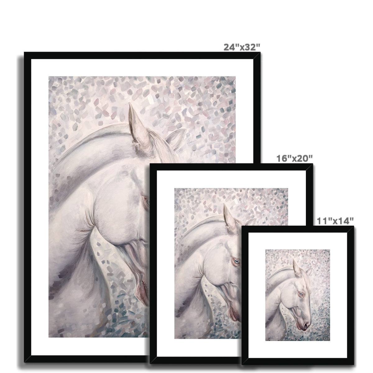 3 sizes of White horse head portrait oil painting framed and mounted with black frame