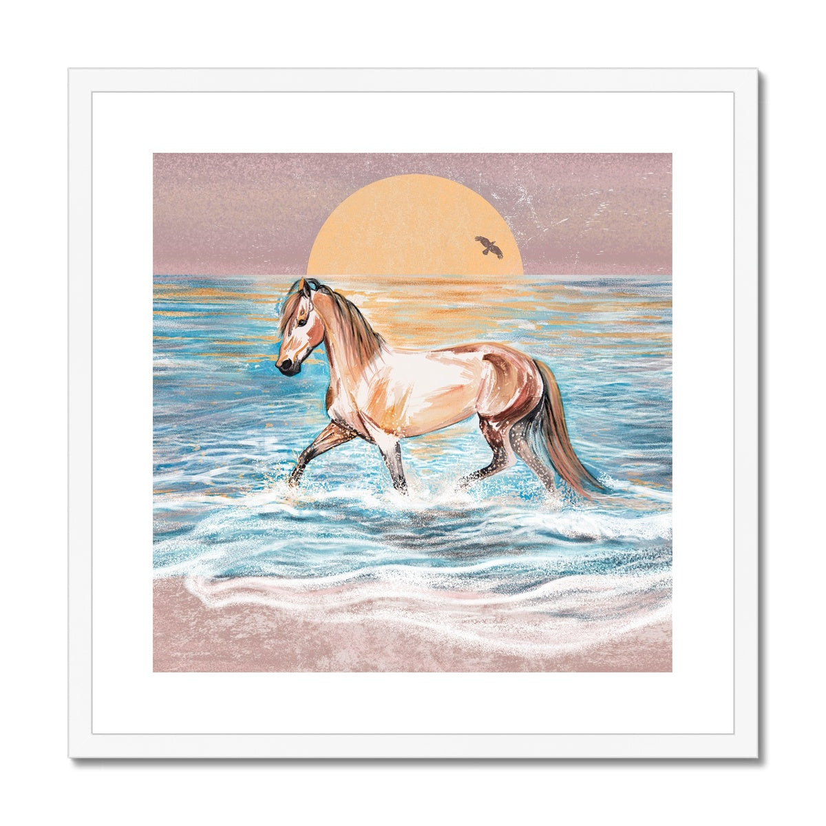 Watercolour painting of horse at sunrise in the sea framed and mounted print with white frame