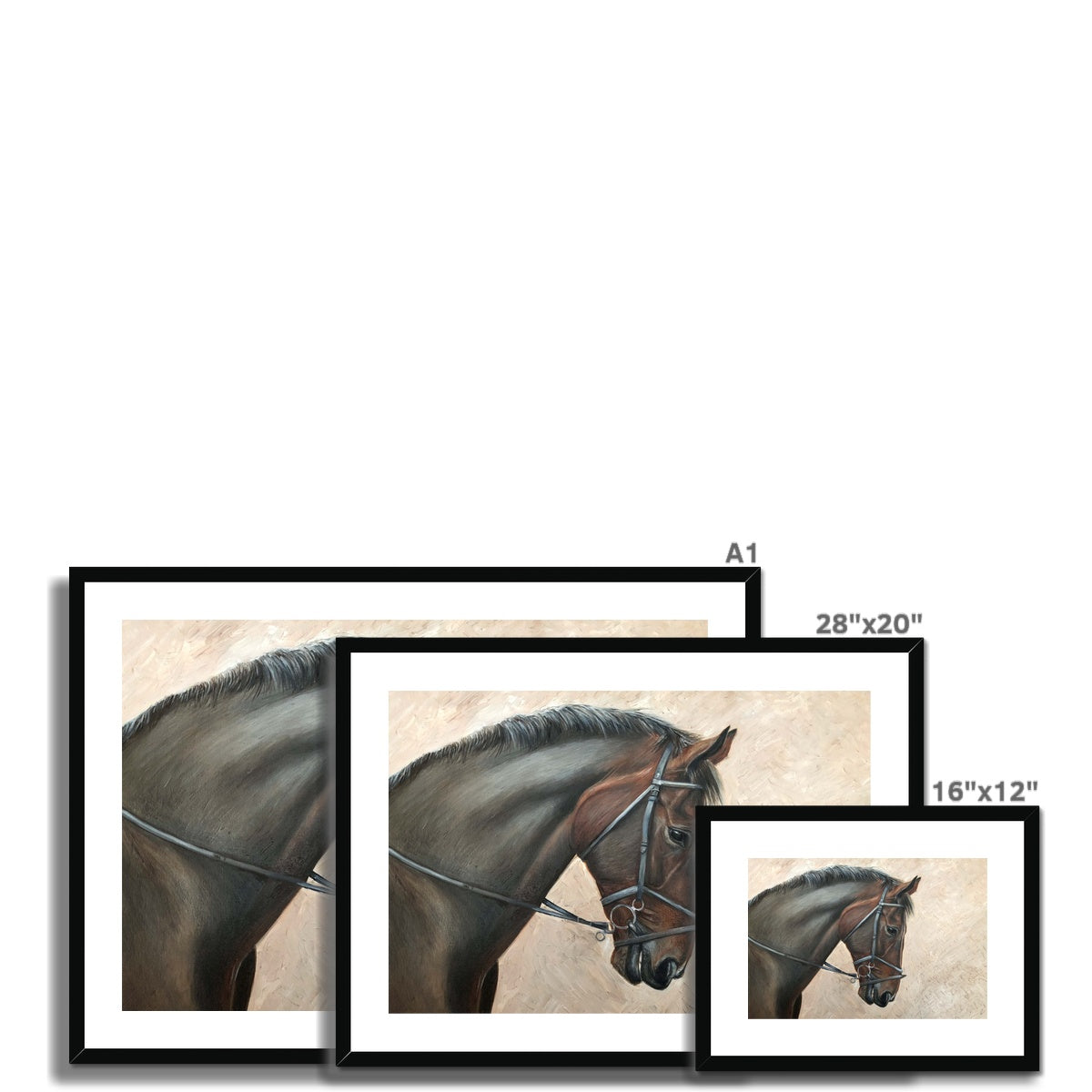 3 different sizes of Bay horse head with bridle painting framed & mounted with black frame