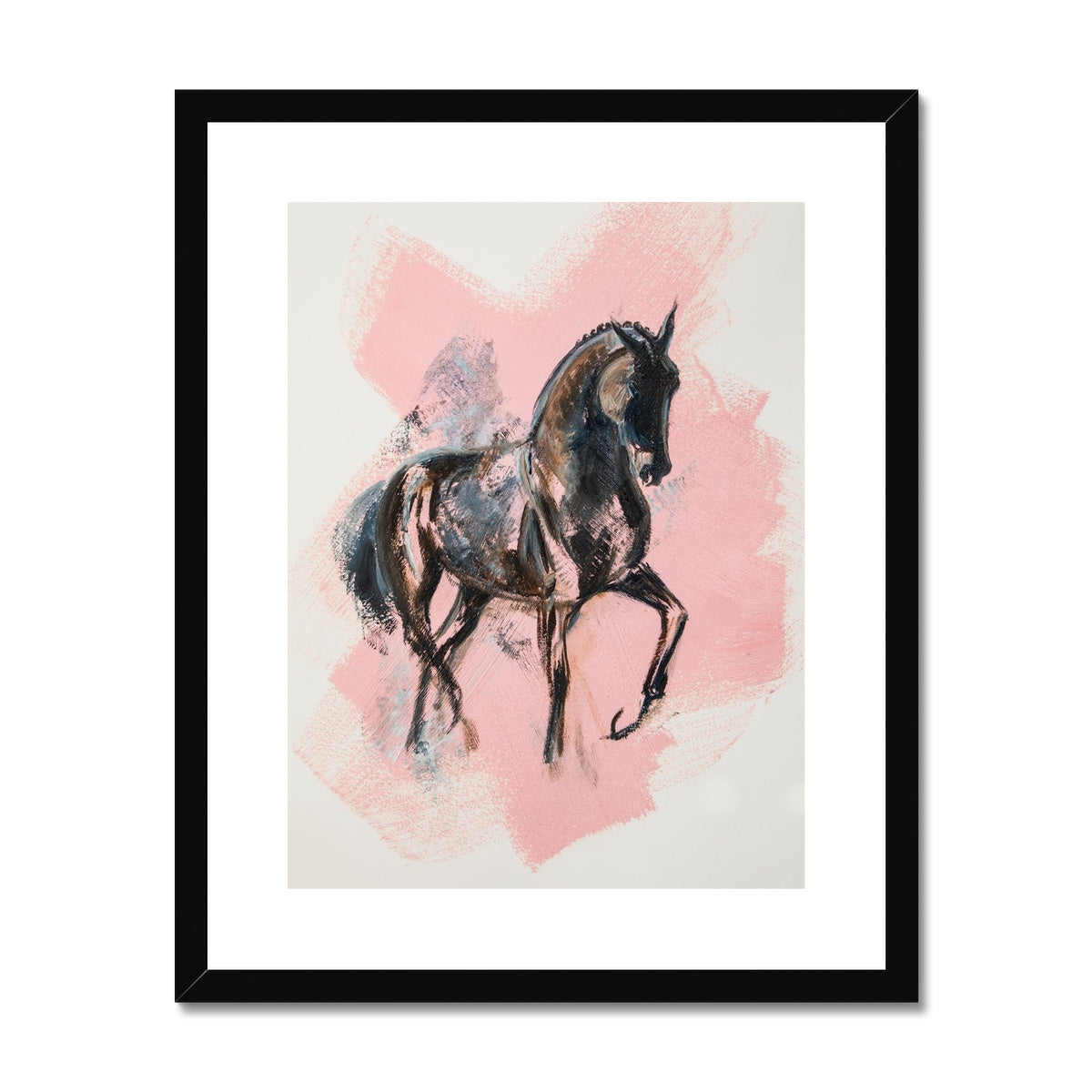 Black horse painted on a pink splash framed and mounted with a black frame