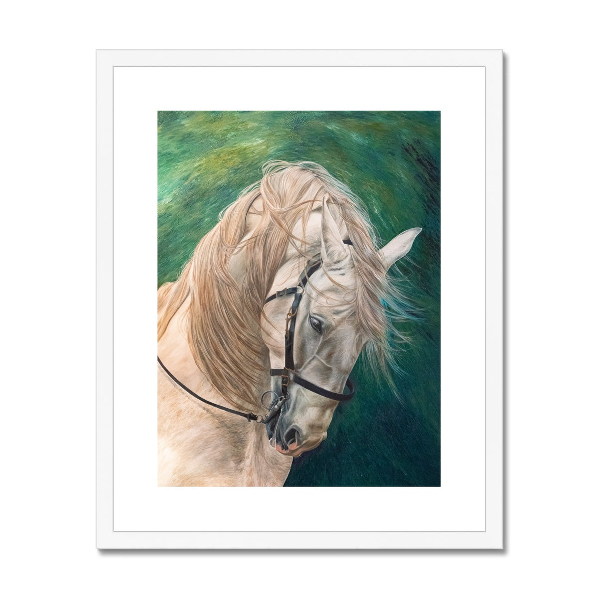 Grey horse on green background with white frame