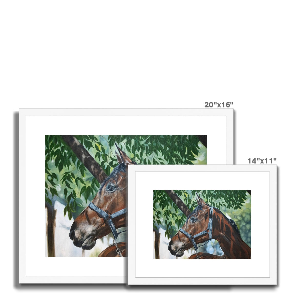 two different sizes of Bay horse painting under a tree, framed and mounted detailed print with white frame