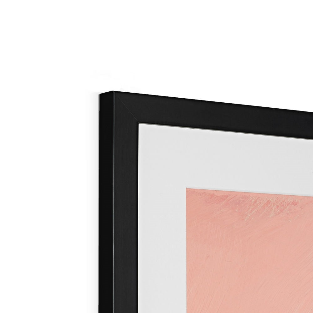 corner of White horse trotting towards you, pink background with black splash portrait. Framed and mounted print with black frame