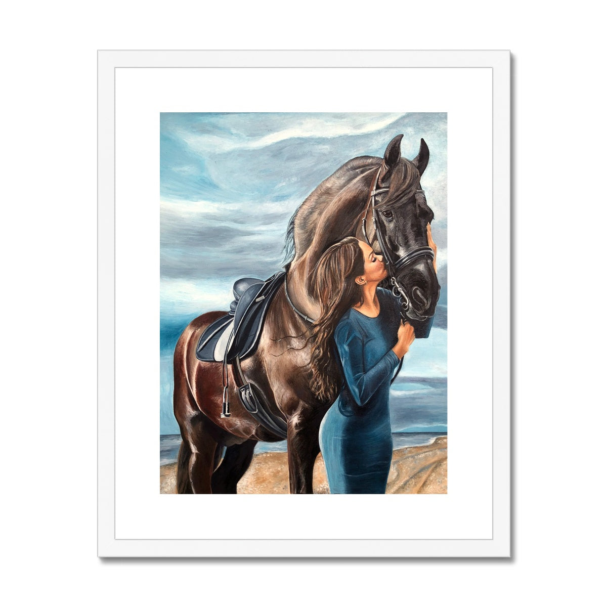 Horse and woman on the beach hair blowing in wind framed and mounted print of oil painting with white frame