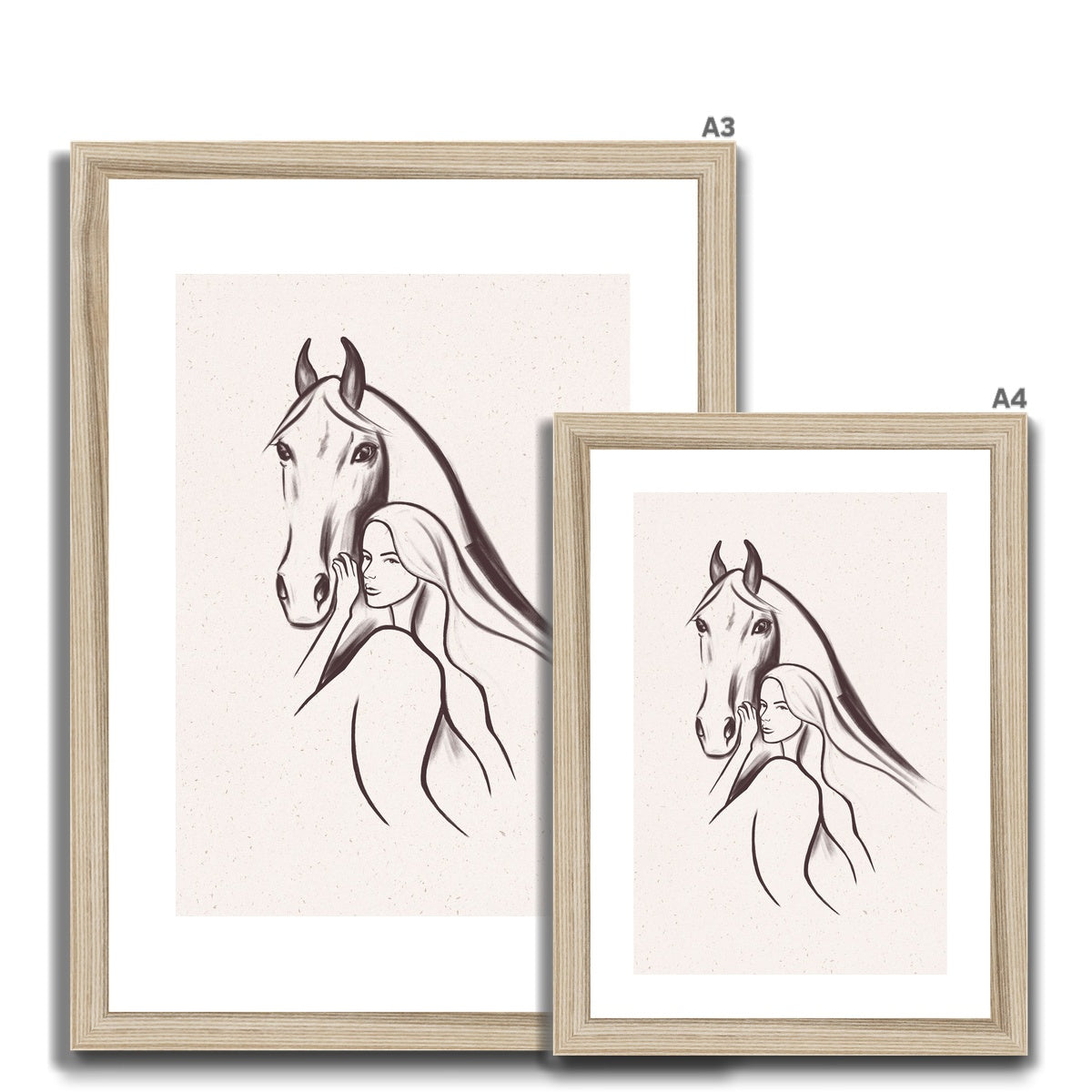 two different sizes, A4/A3 of Line drawing of woman and horse, simplistic artwork, frame and mounted with wood look frame