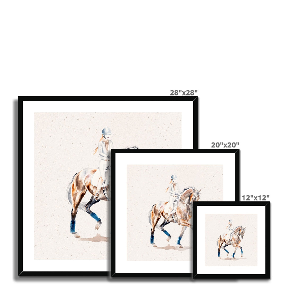 3 different sizes of Dressage horse trotting painting, framed & mounted with a black frame