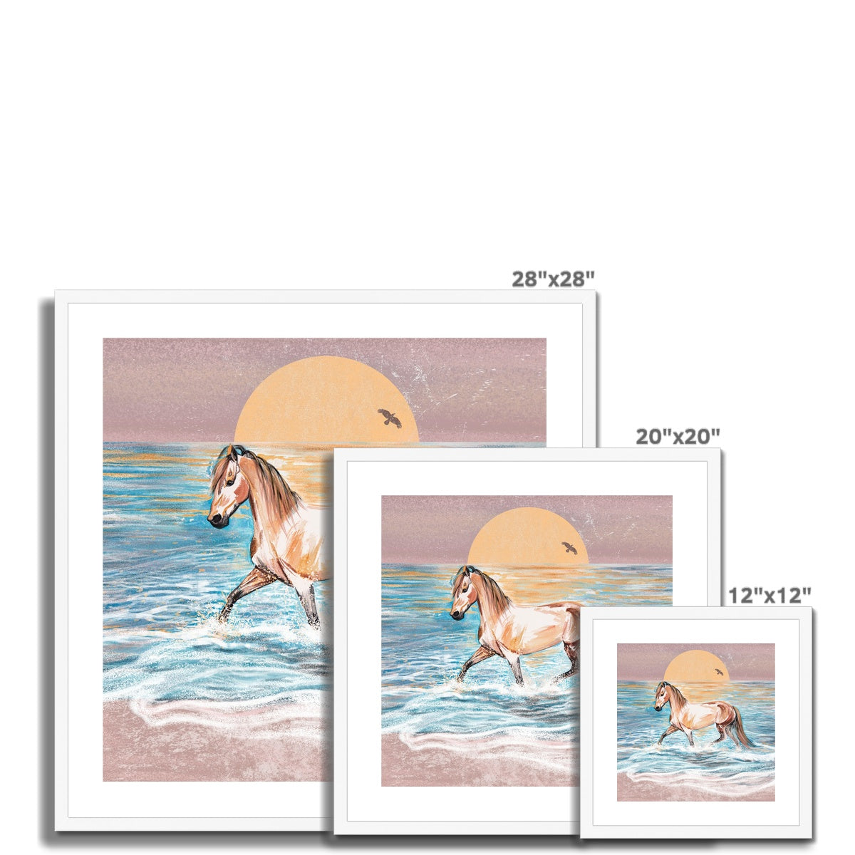 3 different sizes of Watercolour painting of horse at sunrise in the sea framed and mounted print with white frame