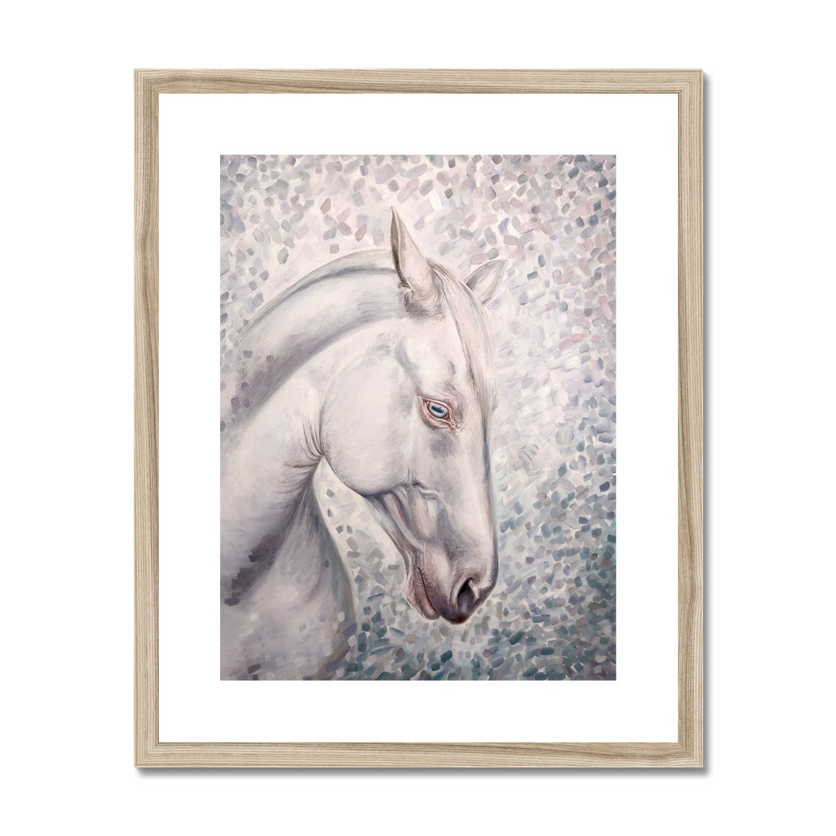 White horse head portrait oil painting framed and mounted with wood look frame