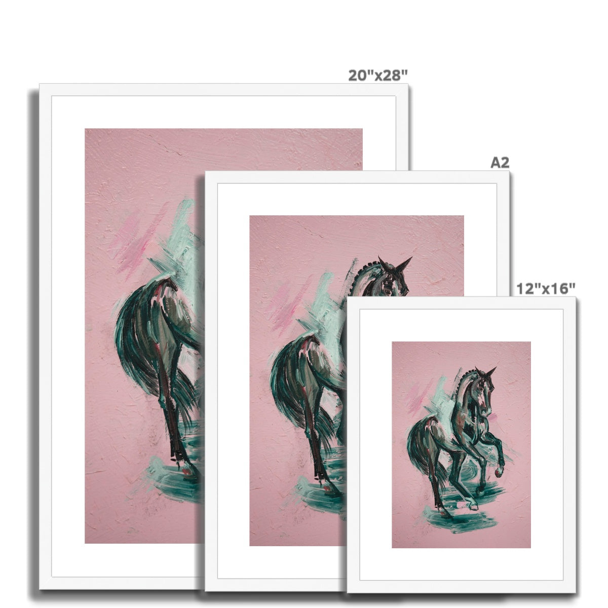 3 different sizes of Black horse painting on pink background framed & mounted with a white frame