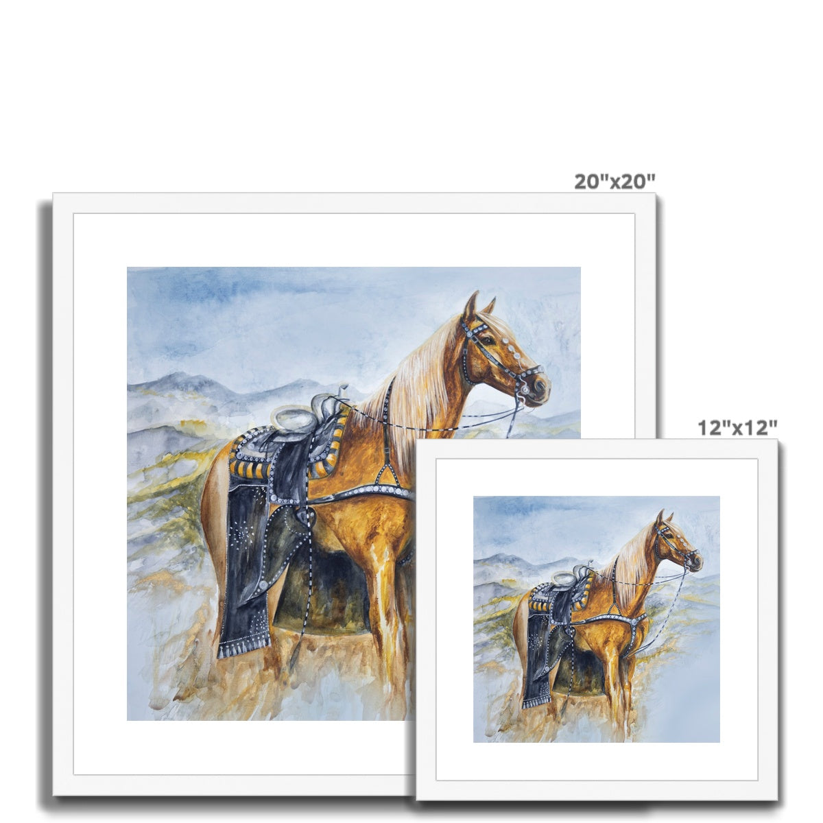 two different sizes of Western horse watercolour painting, framed and mounted print with white frame