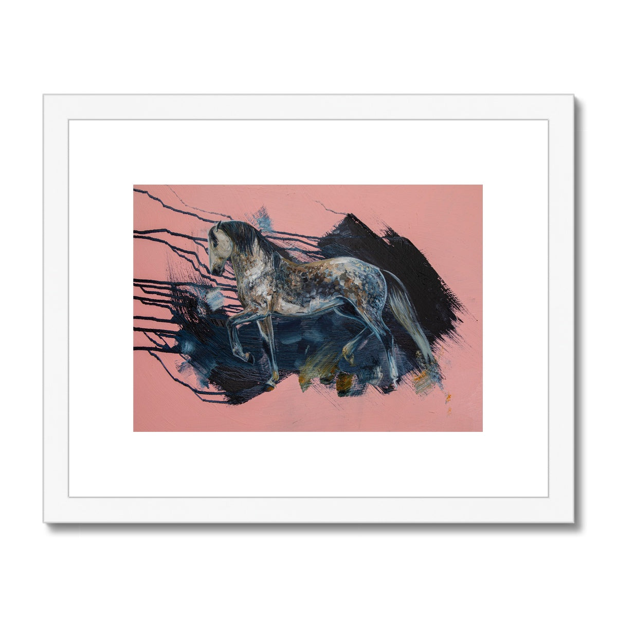 Grey horse on pink background painting framed & mounted with white frame