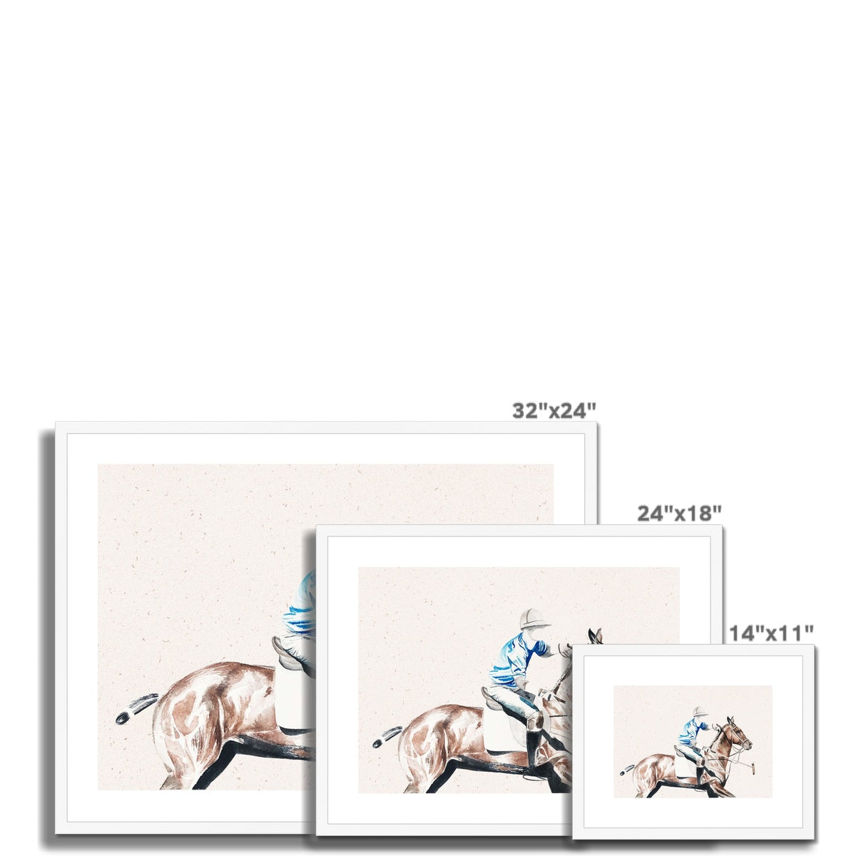 three different sizes of Framed and mounted watercolour print of pop player and horse playing polo, with white frame