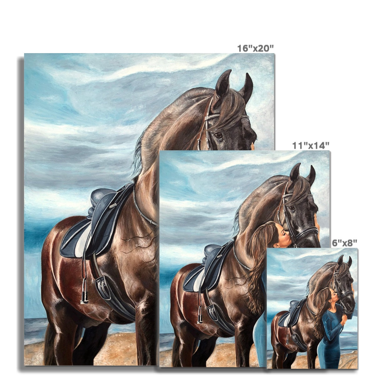 3 sizes of Horse and woman on the beach hair blowing in wind oil painting print