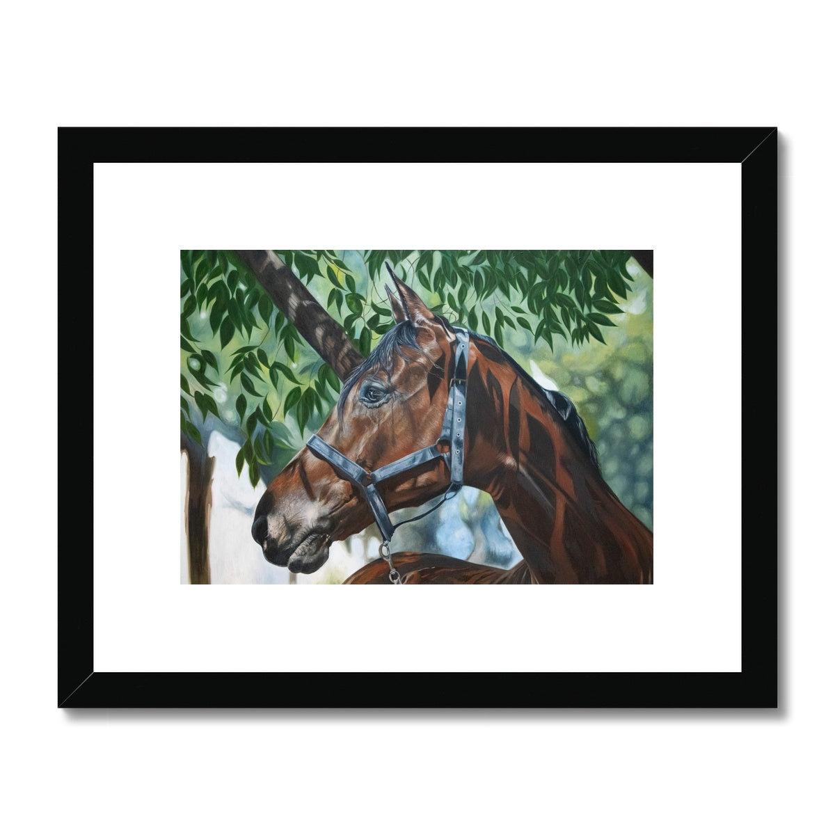 Bay horse painting under a tree, framed and mounted detailed print with black frame