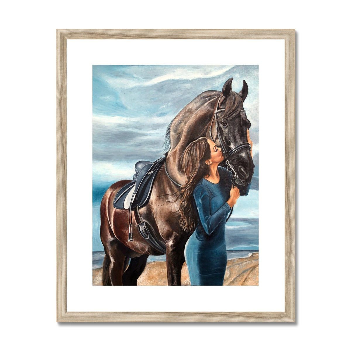 Horse and woman on the beach hair blowing in wind framed and mounted print of oil painting with wood look frame