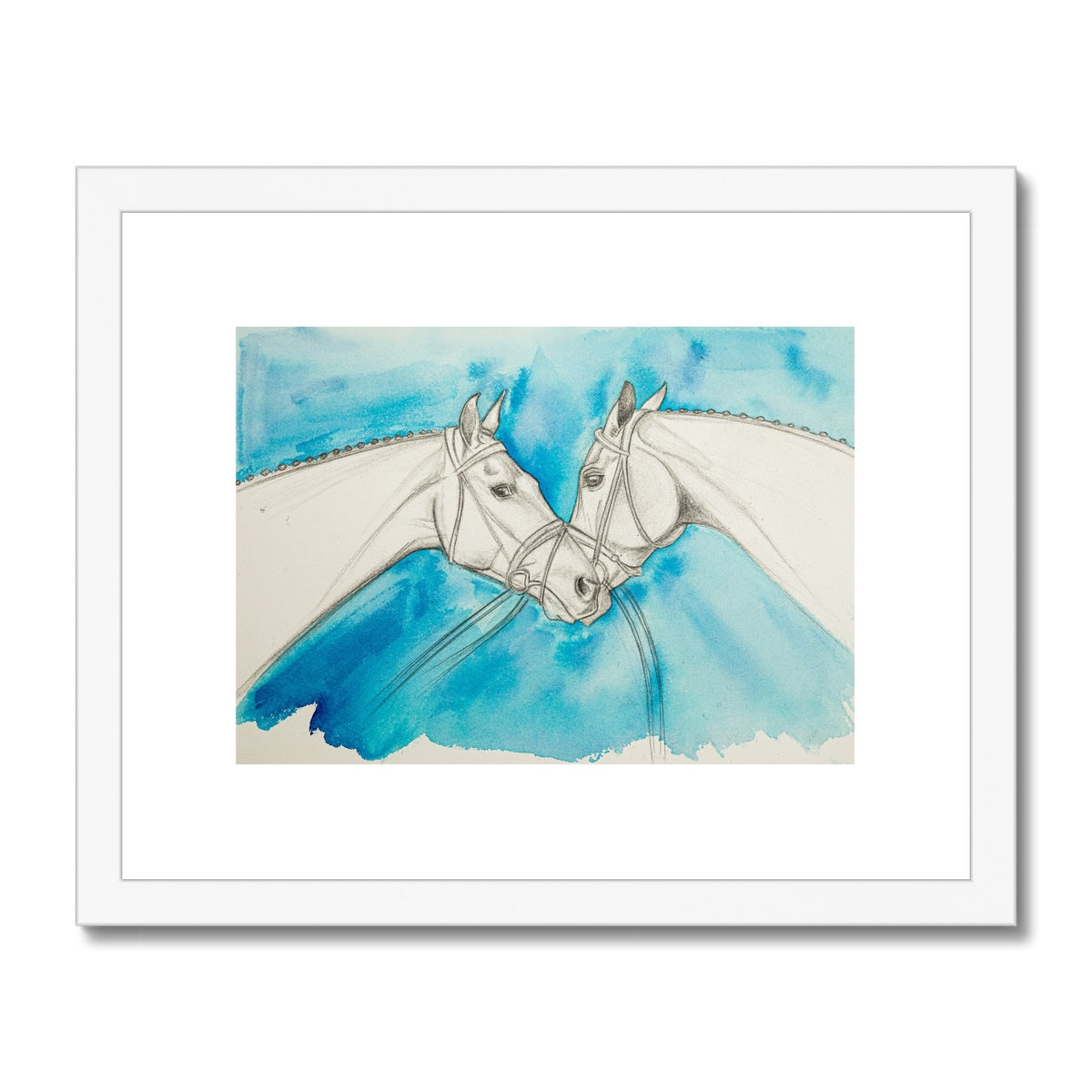 Two racehorses chatting sketch with a blue background, framed and mounted with a white frame