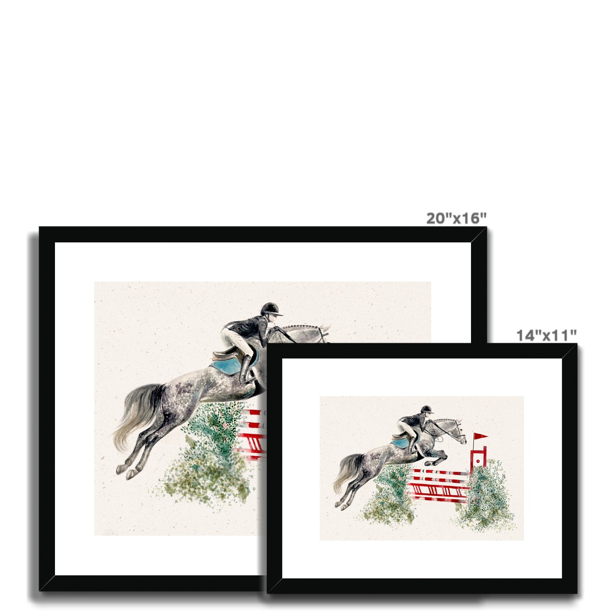 two different sizes of corner of Showjumper with grey horse jumping red and white fence with bushes either side, watercolour painting framed and mounted print with black frame