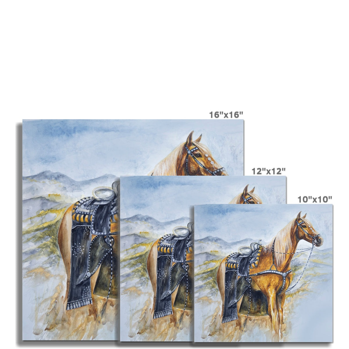 3 different sizes of Western horse watercolour painting, palomino horse, western saddle on looking out