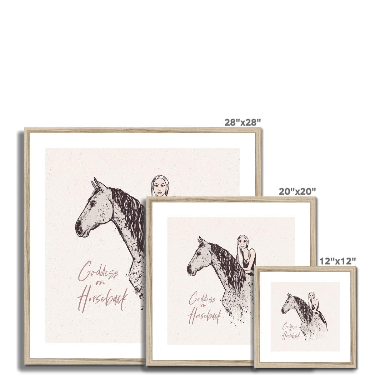 3 different sizes of goddess on horseback portrait print with wood look frame