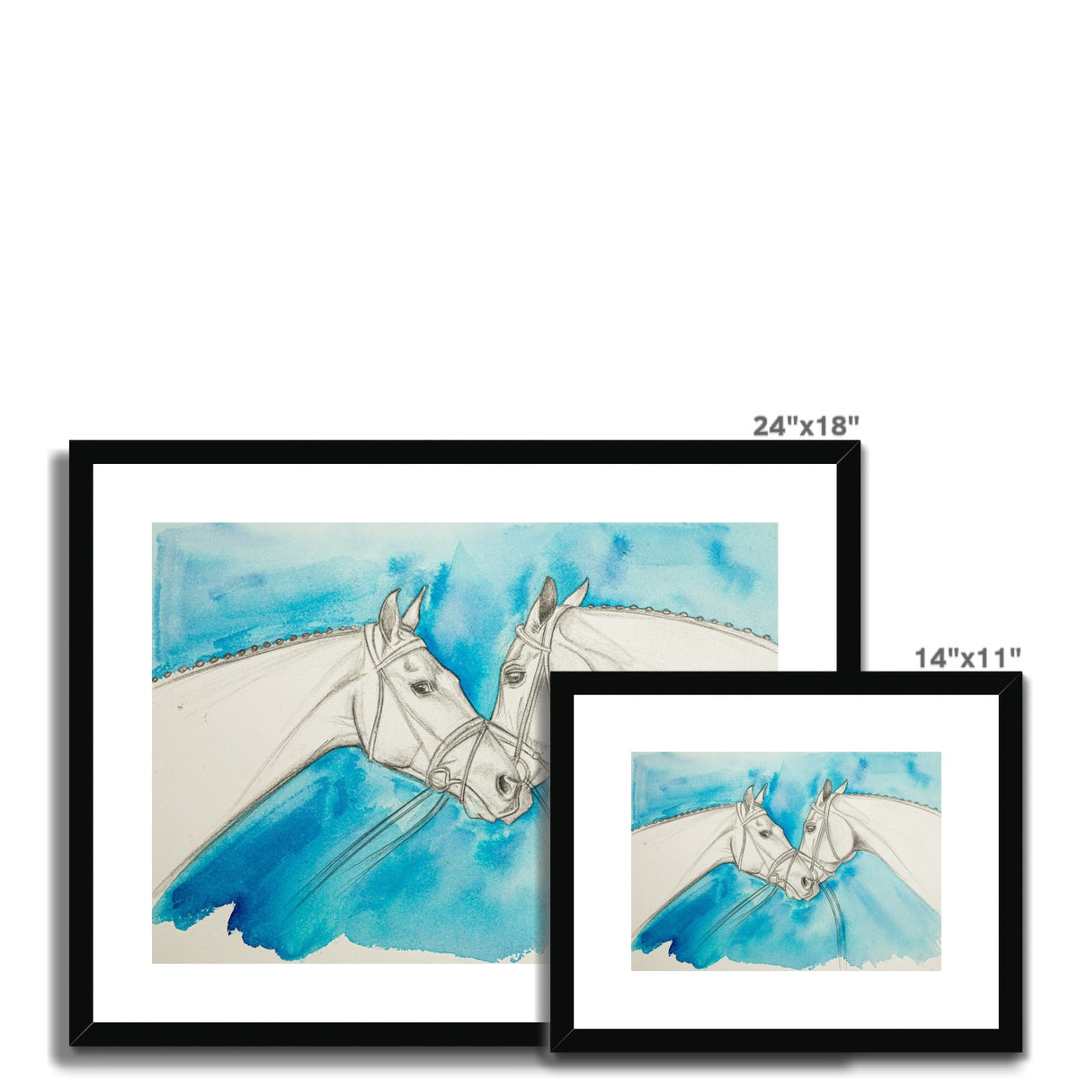 2 different sizes of Two racehorses chatting sketch with a blue background, framed and mounted with a black frame