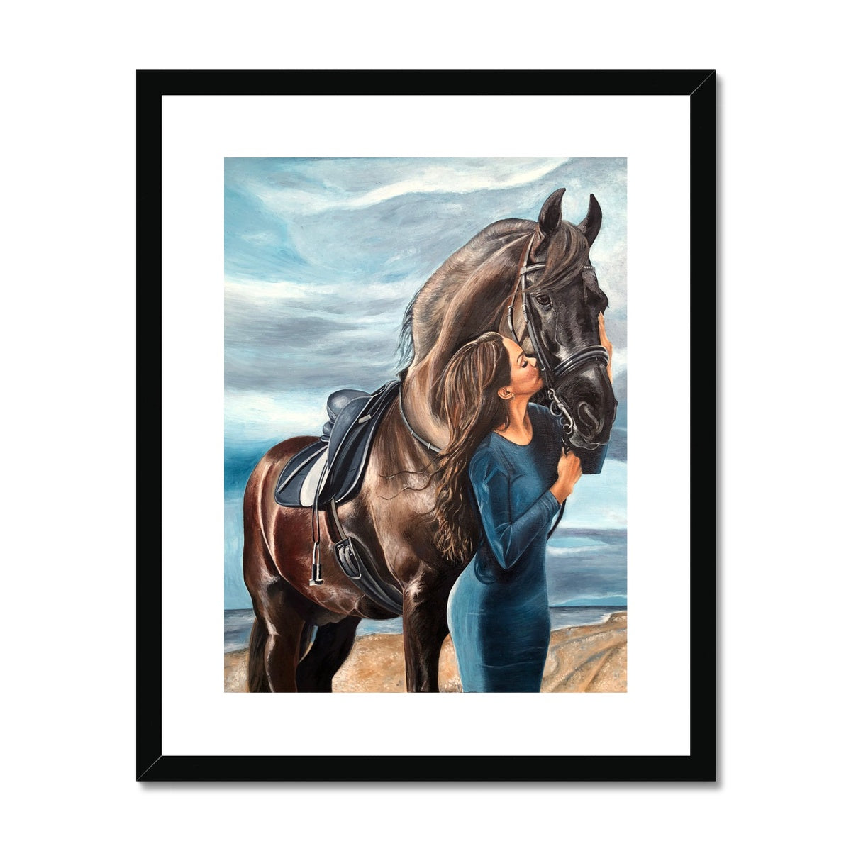 Horse and woman on the beach hair blowing in wind framed and mounted print of oil painting with black frame