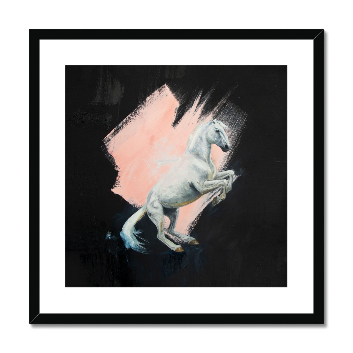 Beautiful rearing white horse with pink splash against a black background, framed and mounted print with a black frame